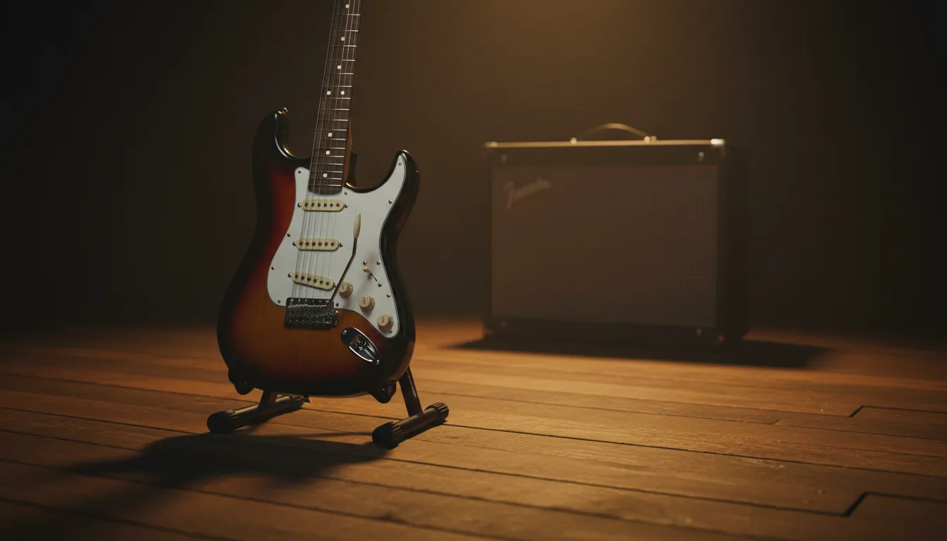 A Fender Stratocaster resting on a stand in warm stage light, a tube amp glowing behind it
